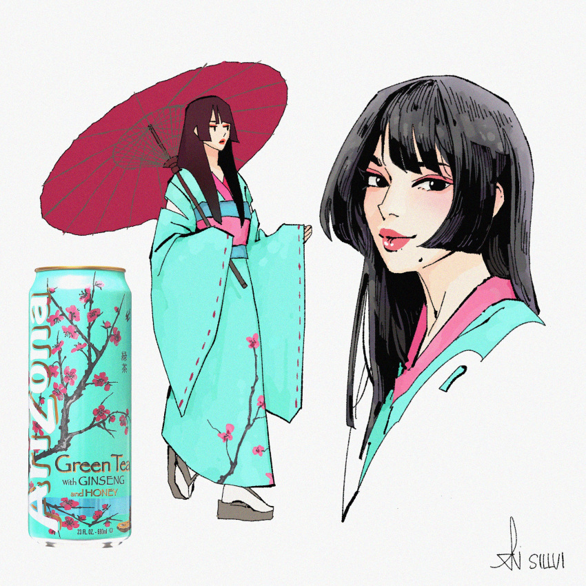 1girl, absurdres, arizona_(drink), black_hair, blue_kimono, can, commentary, english_commentary