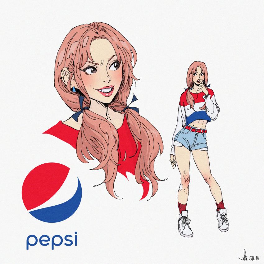 1girl, absurdres, belt, blue_ribbon, commentary, denim, earrings, english_commentary, hair_ribbon, hand_to_own_mouth, highres, jewelry, looking_to_the_side, medium_hair, midriff, multiple_views, navel, original, parted_lips, pepsi, personification, pink_hair, product_placement, red_socks, ribbon, shirt, shoes, short_shorts, shorts, signature, sillvi, simple_background, sneakers, socks, standing, striped, striped_shirt, teeth, twintails, upper_body, white_background, white_footwear