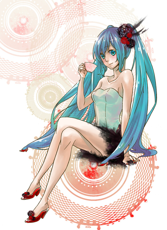 aqua_eyes, aqua_hair, arm_support, bare_shoulders, crossed_legs, cup, hatsune_miku, high_heels