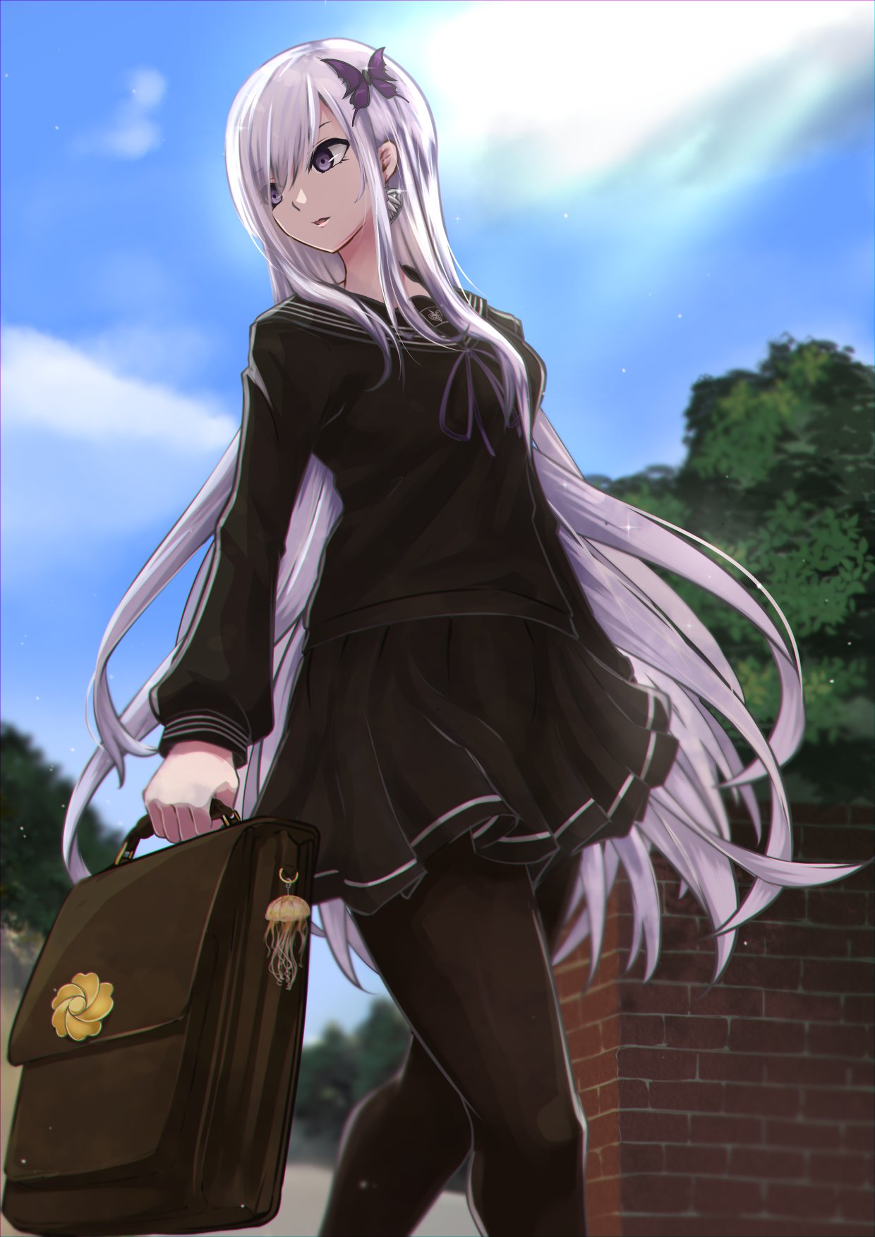 1girl, bag, bag_charm, black_leggings, black_shirt, black_skirt, blue_sky, brick_wall, brown_bag, butterfly_hair_ornament, charm_(object), clouds, commentary, commission, cosplay, day, earrings, floating_hair, floral_print, hair_ornament, highres, holding, holding_bag, jewelry, kirishima_(alutear), leggings, long_sleeves, looking_to_the_side, outdoors, pantyhose, parted_lips, purple_hair, sayo_samonji_(tenka_hyakken), sayo_samonji_(tenka_hyakken)_(cosplay), school_uniform, second-party_source, senji_muramasa_(tenka_hyakken), shirt, skirt, sky, solo, standing, tenka_hyakken, tree, violet_eyes