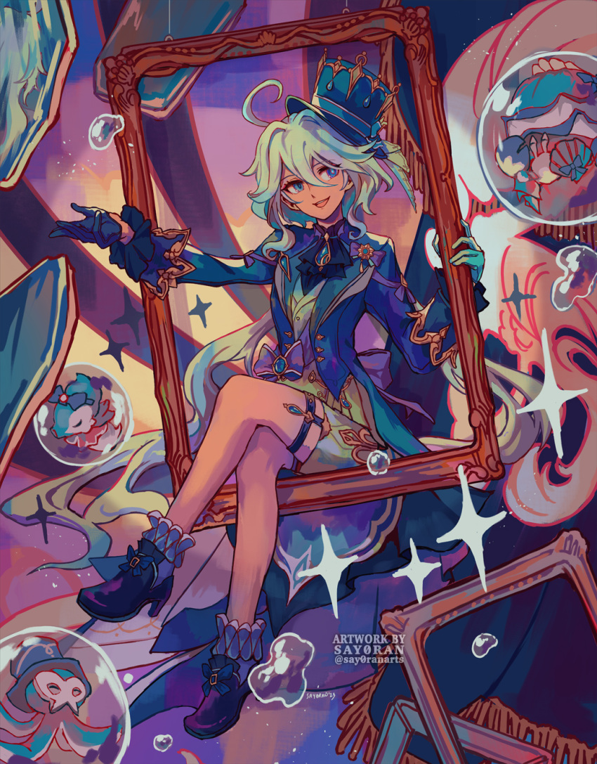 1girl, artist_name, ascot, asymmetrical_gloves, blue_ascot, blue_eyes, blue_footwear, blue_gloves