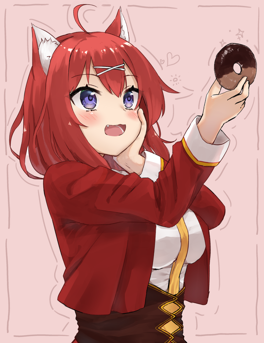 1girl, :d, ahoge, amairo_islenauts, animal_ear_fluff, animal_ears, blue_eyes, blush, breasts, chocolate_doughnut, commentary_request, cropped_jacket, double-parted_bangs, doughnut, eyelashes, eyes_visible_through_hair, fang, food, hair_between_eyes, hair_ornament, hand_on_own_cheek, hand_on_own_face, happy, heart, highres, holding_doughnut, jacket, large_breasts, long_sleeves, looking_at_food, masaki_gaillard, medium_hair, miyaran01, necktie, open_clothes, open_jacket, open_mouth, pink_background, red_jacket, redhead, school_uniform, shirt, simple_background, smile, solo, sparkle, teeth, tsurime, upper_body, upturned_eyes, white_shirt, wolf_ears, wolf_girl, x_hair_ornament, yellow_necktie
