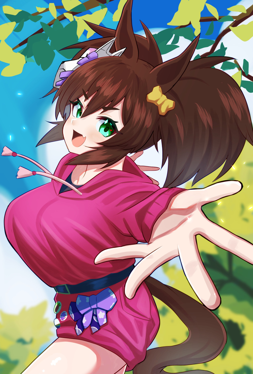1girl, absurdres, animal_ears, badge, belt, black_undershirt, breasts, brown_hair, button_badge, fang, fox_mask, green_eyes, hair_ribbon, hakurogi, highres, hood, hoodie, horse_ears, horse_girl, horse_tail, inari_one_(umamusume), large_breasts, looking_at_viewer, mask, mask_on_head, open_mouth, outstretched_hand, pink_hoodie, purple_ribbon, ribbon, skin_fang, solo, tail, twintails, umamusume, v-shaped_eyebrows, yellow_ribbon