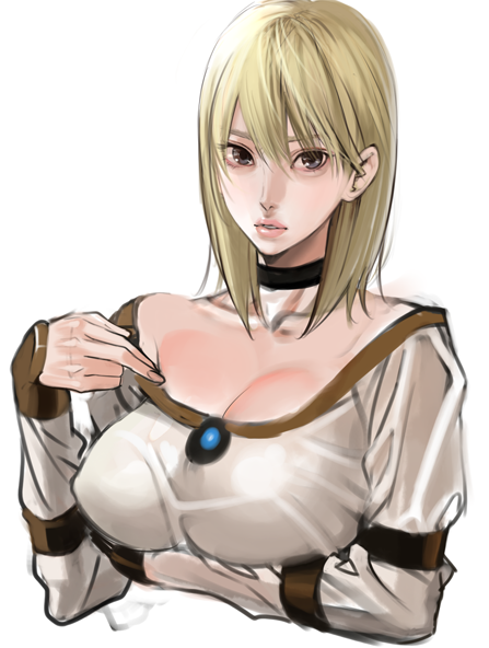 1girl, bangs, blonde_hair, blouse, breasts, brooch, bust, capcom