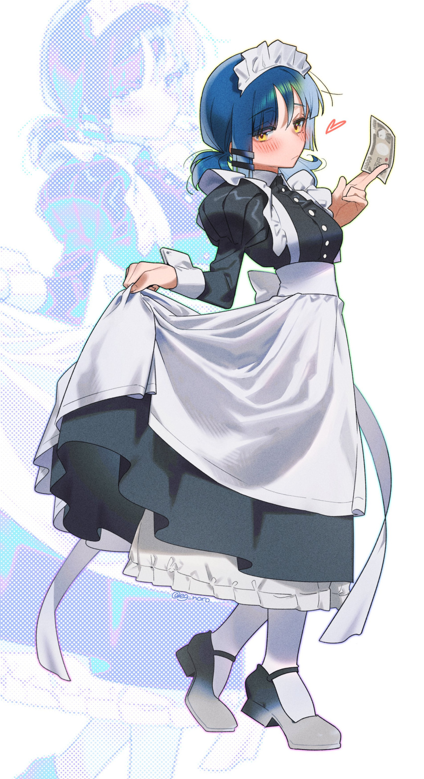 1girl, absurdres, apron, back_bow, black_dress, black_footwear, blue_hair, blush