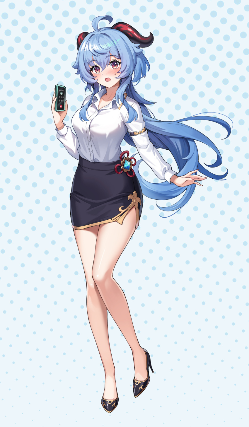 1girl, absurdres, adapted_costume, ahoge, black_skirt, blue_hair, blush, breasts