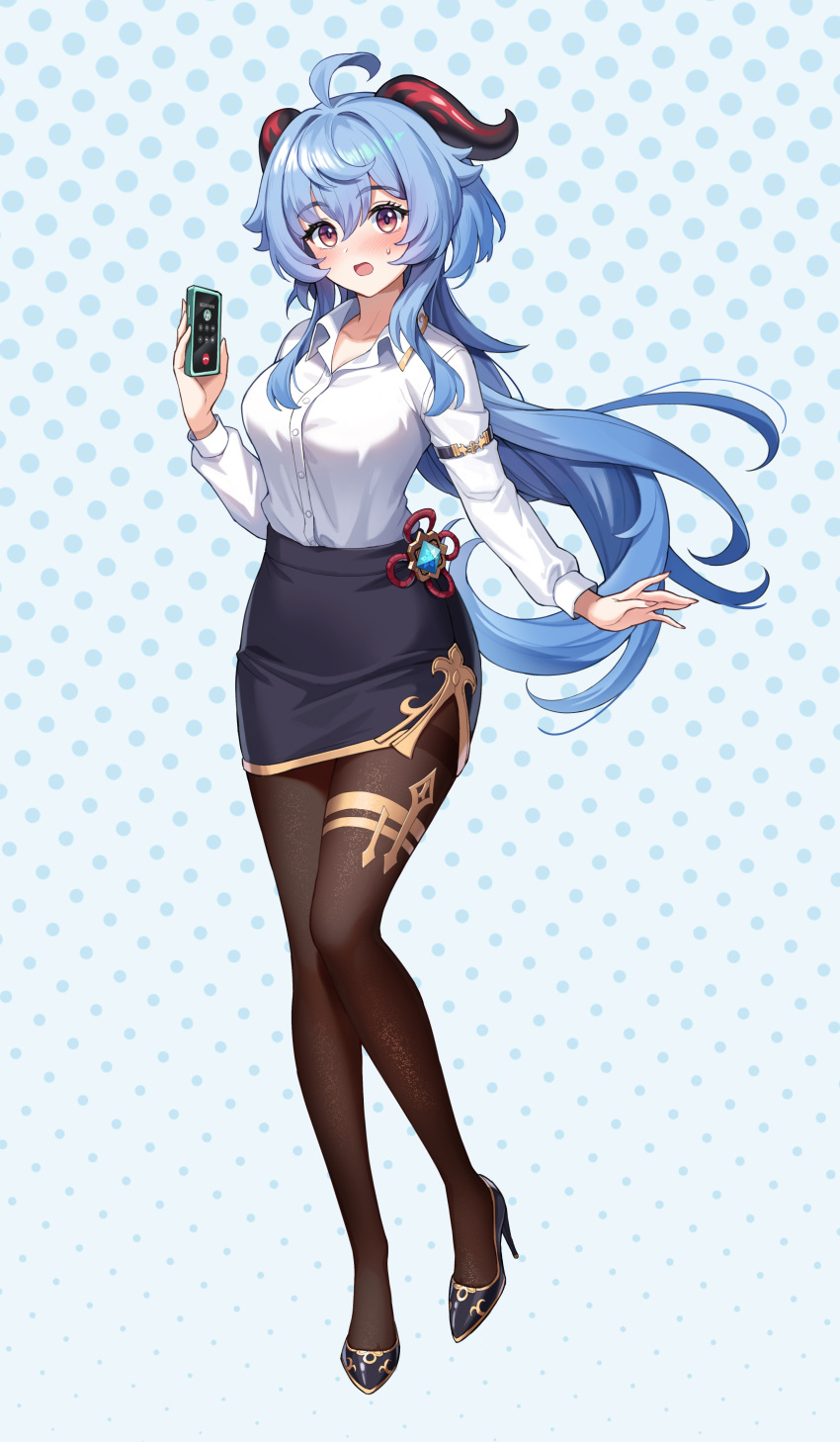 1girl, absurdres, adapted_costume, ahoge, black_pantyhose, black_skirt, blue_hair, blush