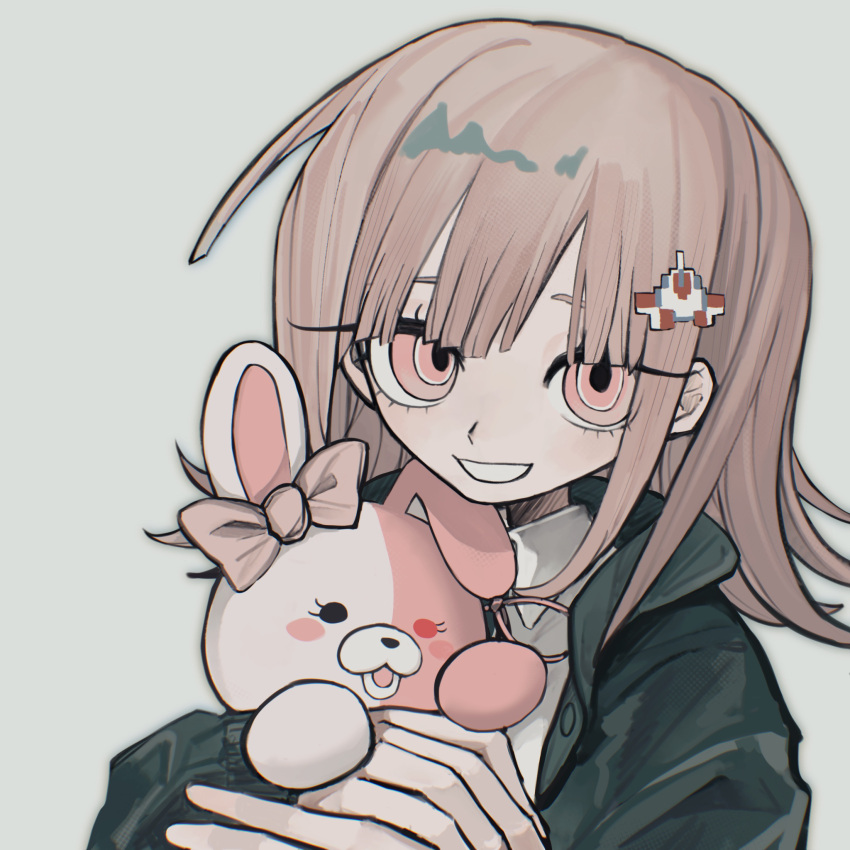 1girl, bow, brown_eyes, brown_hair, danganronpa_(series), danganronpa_2:_goodbye_despair, ear_bow, flipped_hair