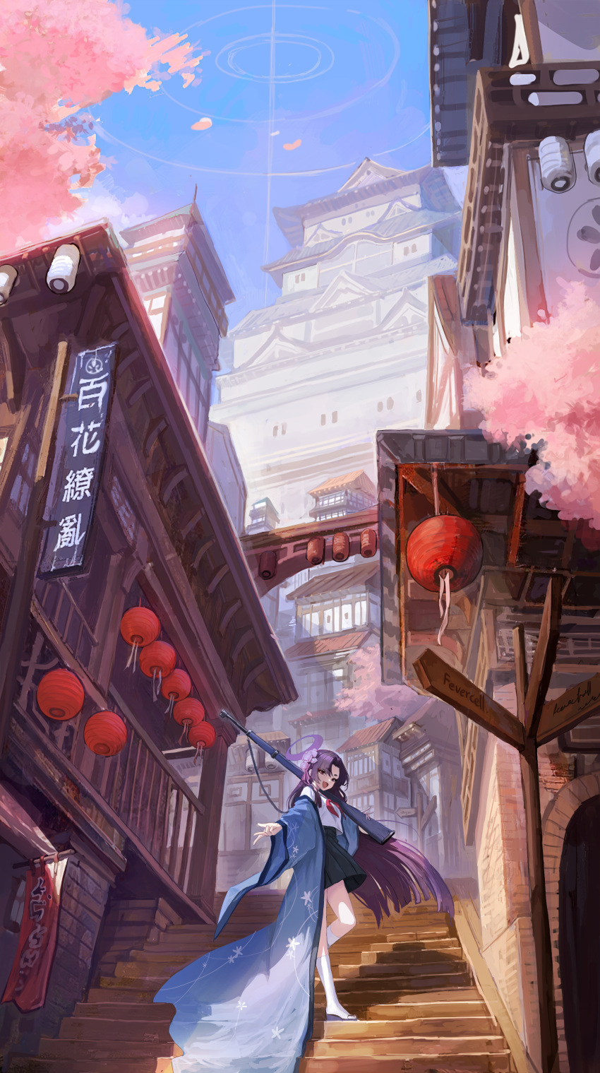 1girl, absurdres, architecture, black_skirt, blue_archive, blue_sky, blunt_ends, east_asian_architecture