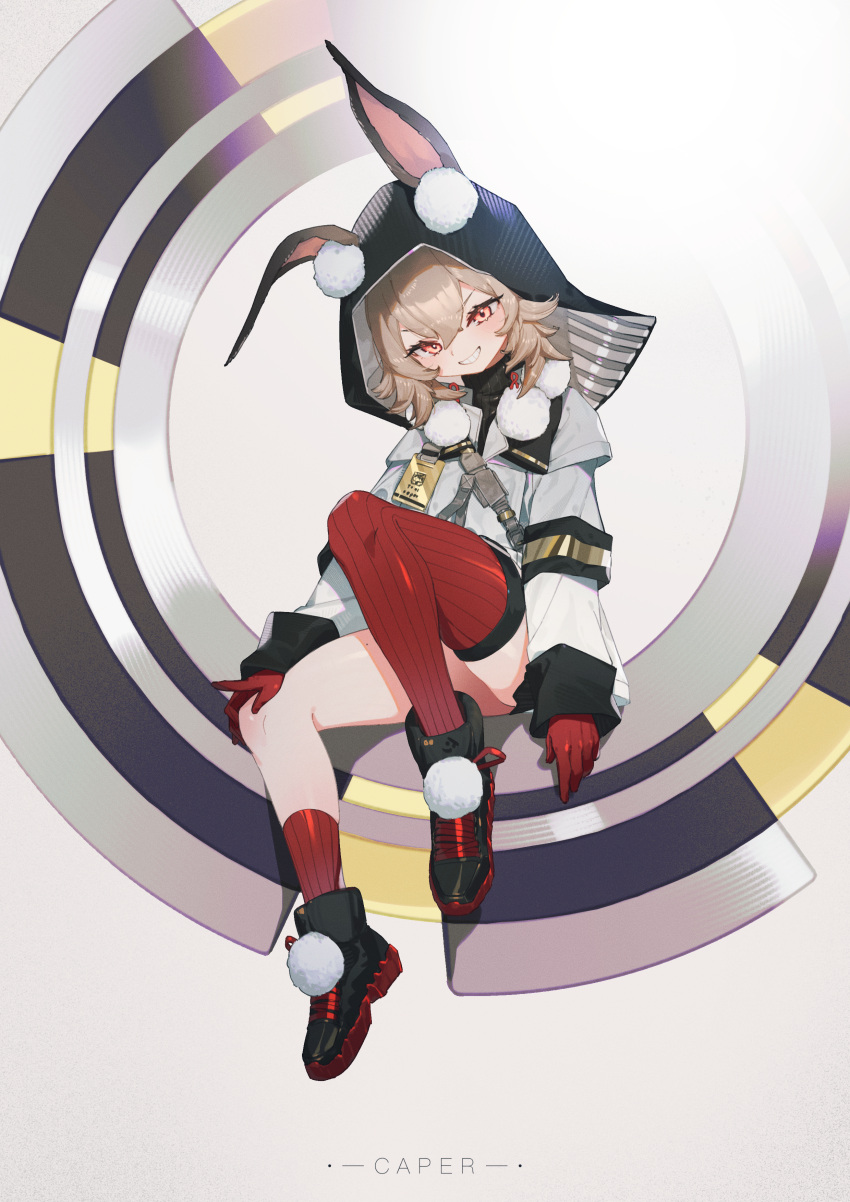 1girl, absurdres, animal_ears, arknights, asymmetrical_legwear, brown_hair, caper_(arknights), chakram, character_name, gloves, grin, highres, hood, hood_up, huge_weapon, id_card, long_sleeves, mosou_keito, orange_eyes, oversized_object, pom_pom_(clothes), red_gloves, red_socks, red_thighhighs, shoes, single_thighhigh, sitting, smile, sneakers, socks, solo, thigh-highs, thighs, uneven_legwear, weapon