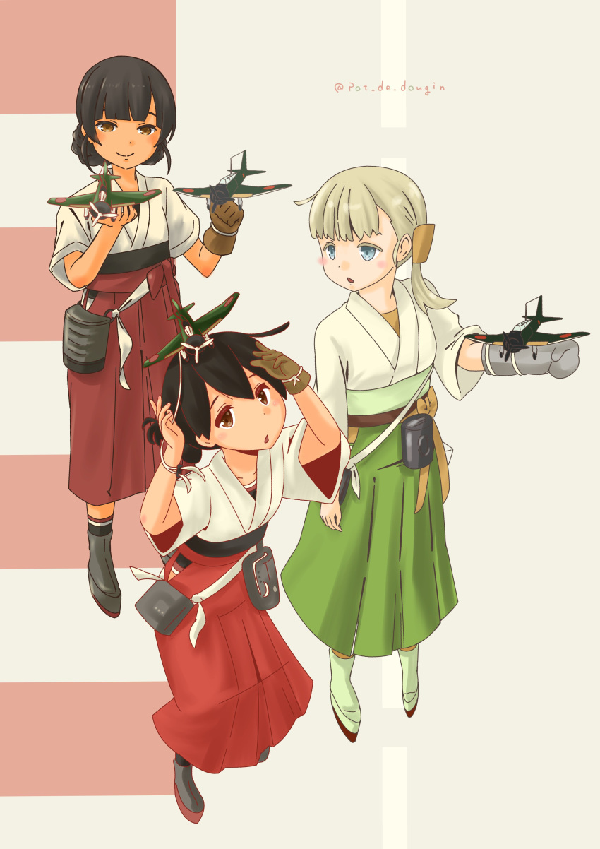 3girls, absurdres, aircraft, airplane, b5n, black_hair, blonde_hair, blue_eyes