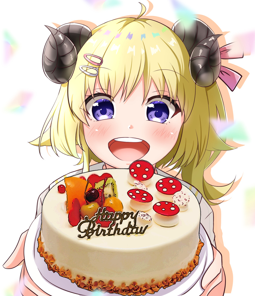 1girl, absurdres, ahoge, animal_ears, blonde_hair, blush, cake, food