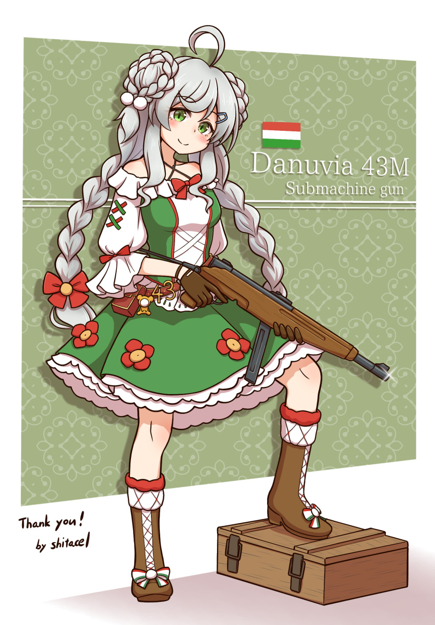 1girl, 43m_(girls'_frontline), ahoge, ammunition_box, ammunition_pouch, belt, blush, boots