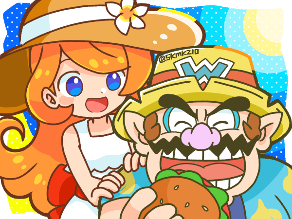 1boy, 1girl, back_bow, blue_eyes, bow, brown_hair, burger, closed_eyes