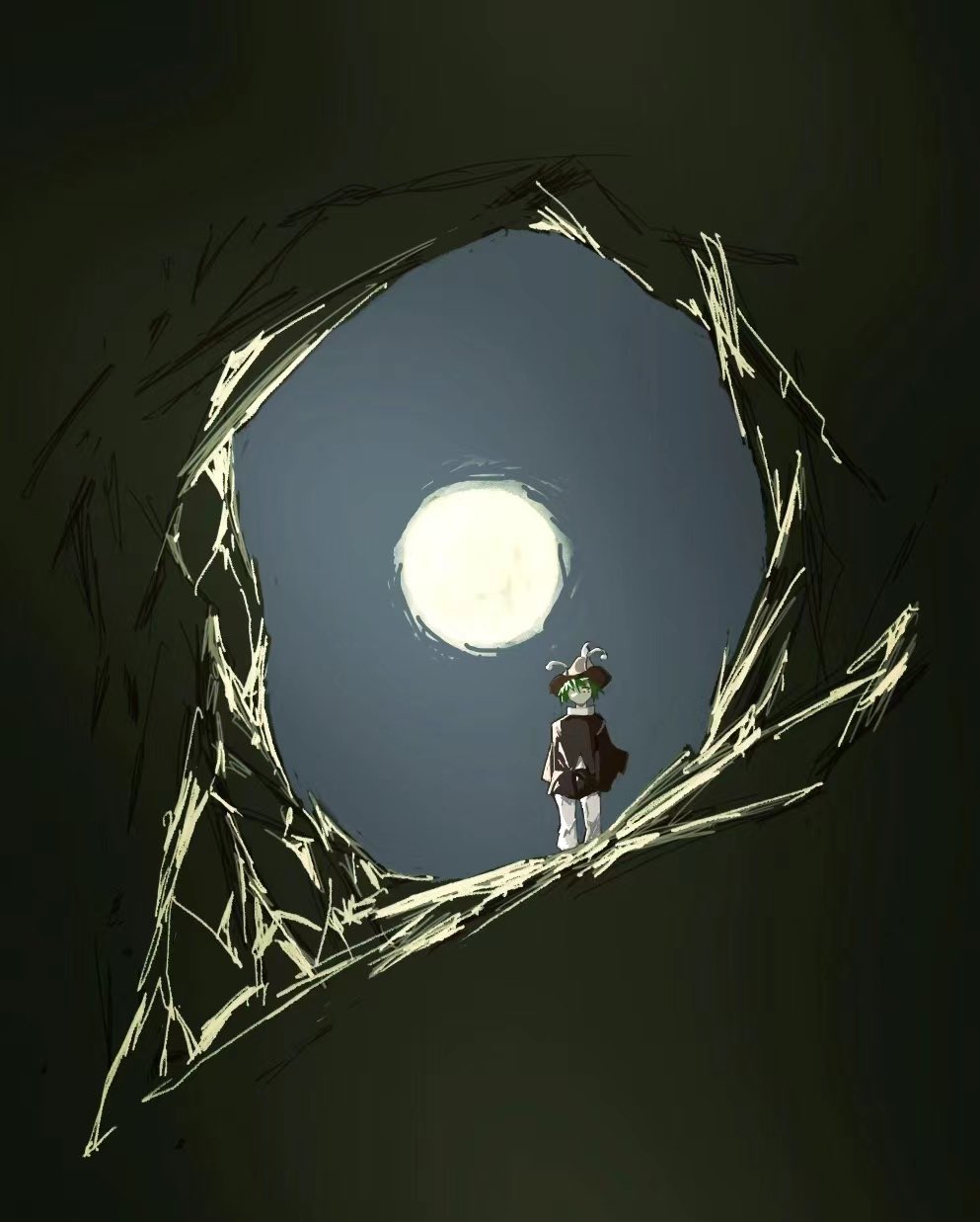 1other, amanomori_shou, androgynous, antennae, brown_headwear, brown_jacket, brown_shorts, commentary_request, english_commentary, full_moon, green_eyes, green_hair, hat, highres, jacket, len'en, long_sleeves, mixed-language_commentary, moon, night, no_mouth, no_nose, other_focus, pants, pointy_hat, shirt, short_hair, shorts, soccerobsidian, solo, white_pants, white_shirt