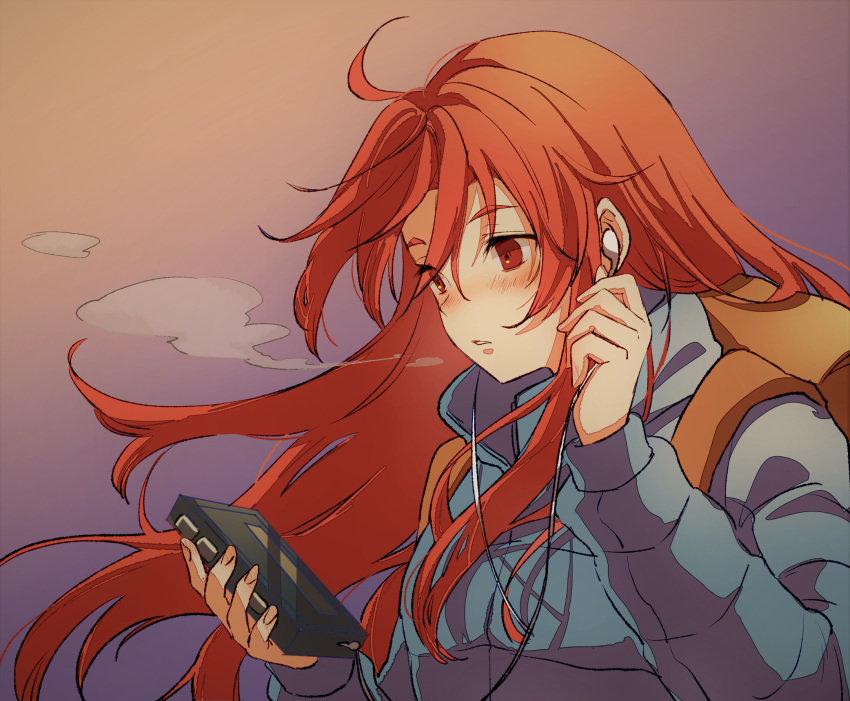 1girl, ahoge, audio_cable, backpack, bag, blue_jacket, blush, breath