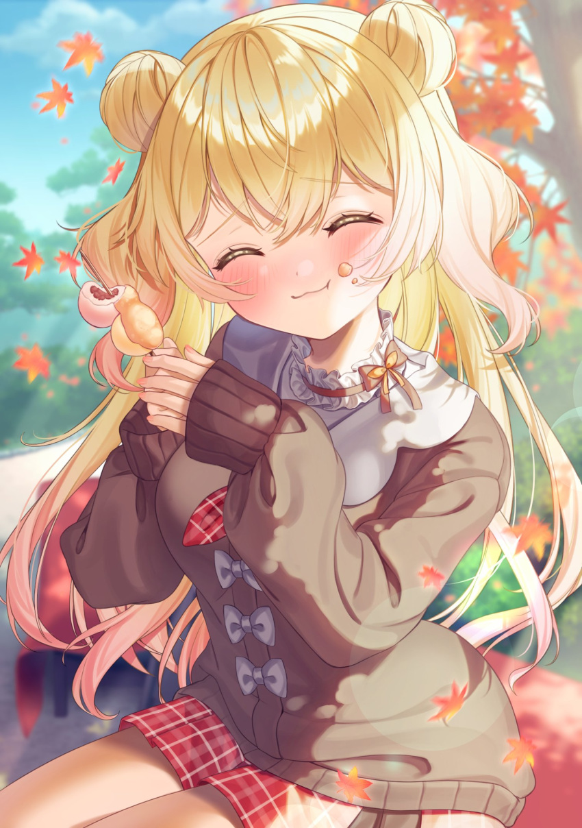 1girl, :3, :t, autumn_leaves, bench, blonde_hair, blurry, blurry_background