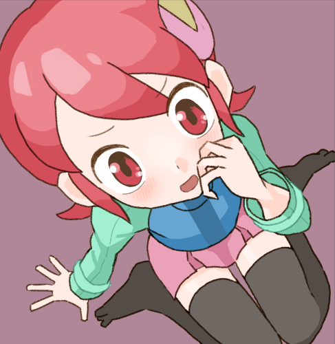 1girl, aqua_shirt, black_thighhighs, blue_vest, from_above, hair_ornament, hand_up, long_sleeves