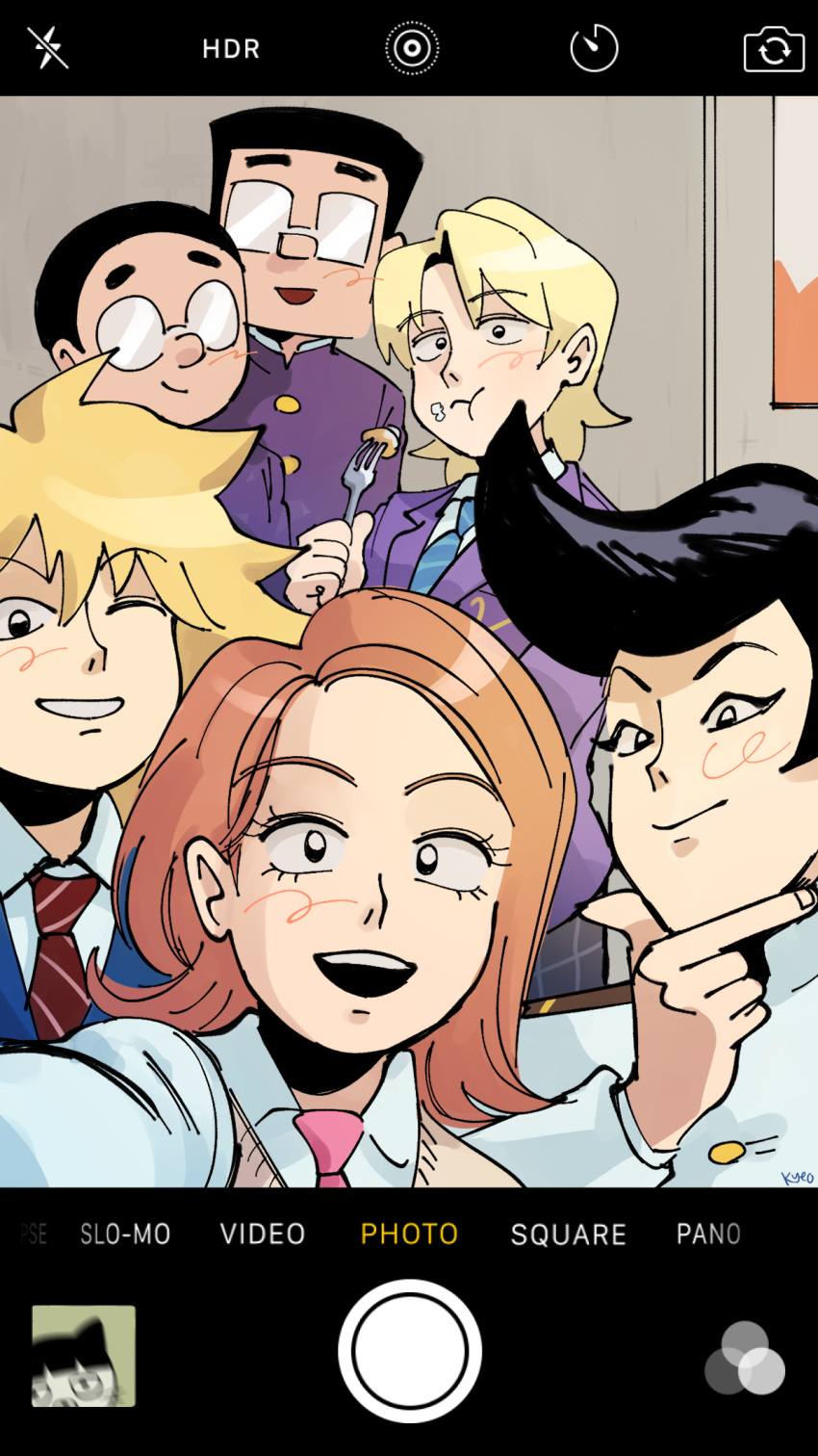 1girl, 5boys, asahi_gou, black_hair, blazer, blonde_hair, brown_hair, closed_mouth