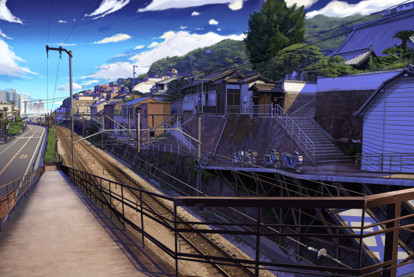cityscape, cloud, clouds, forest, nature, onomichi_(city), photorealistic, power_lines, railroad_tracks, real_world_location, scenery, sky, stairs, sunlight, teirumon, tree