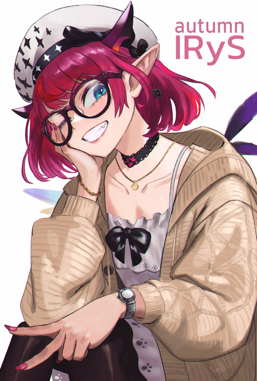 1girl, beret, black-framed_eyewear, black_choker, black_pantyhose, blue_eyes, character_name, choker, dress, glasses, gold_necklace, guyrys, hat, head_rest, highres, hololive, hololive_english, irys_(3rd_costume)_(hololive), irys_(hololive), jewelry, lace-trimmed_choker, lace_trim, medium_hair, nail_polish, necklace, official_alternate_costume, one_eye_closed, pantyhose, pointy_ears, red_nails, reze_(rewindze), short_dress, smile, virtual_youtuber, watch, watch, white_dress, white_headwear, wings