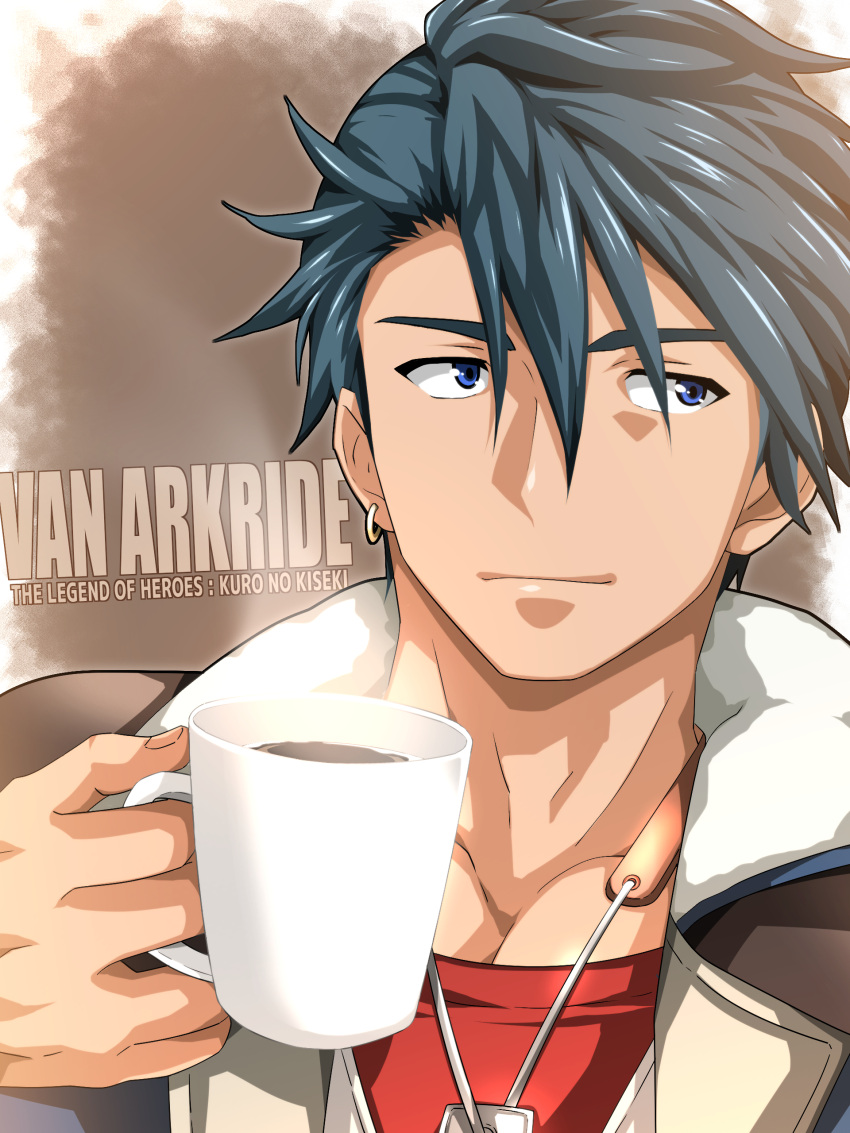 1boy, absurdres, blue_eyes, blue_hair, brown_background, brown_jacket, character_name, closed_mouth