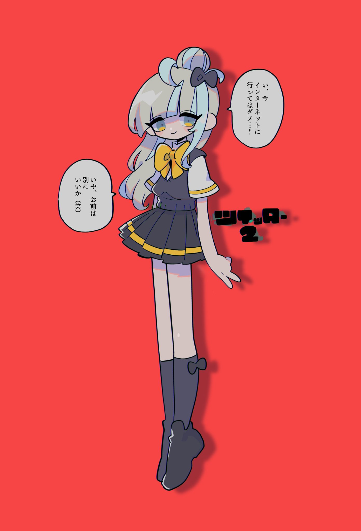 1girl, ahoge, bigizumi, black_bow, black_footwear, black_skirt, black_socks, blue_hair