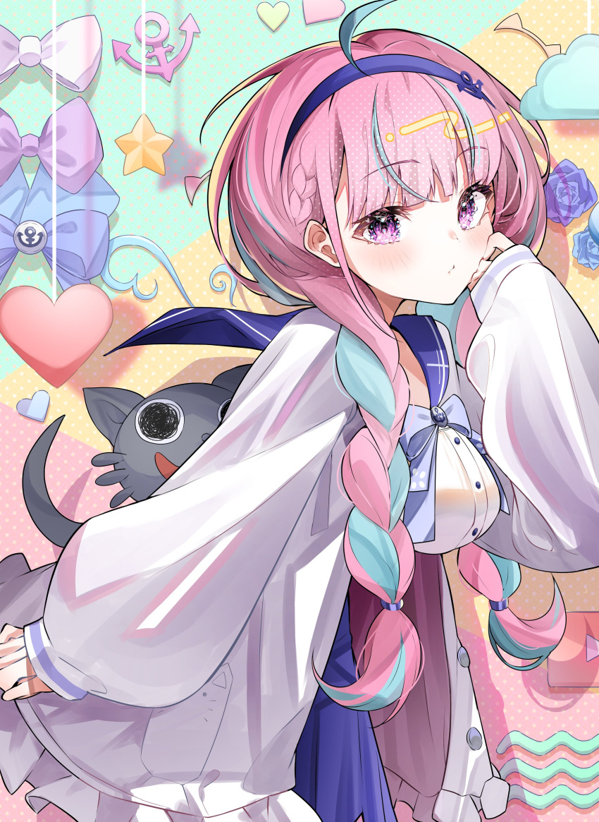 1girl, absurdres, ahoge, anchor_hair_ornament, blue_hair, blue_hairband, blue_ribbon, braid