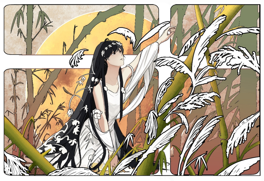 1girl, arm_up, bamboo, bare_shoulders, black_eyes, black_hair, breasts, commentary_request, dress, full_moon, guoqu_zhi_hua, head_wreath, long_hair, looking_up, moon, original, partially_colored, plant, sidelocks, sleeveless, sleeveless_dress, small_breasts, straight_hair, very_long_hair, white_dress
