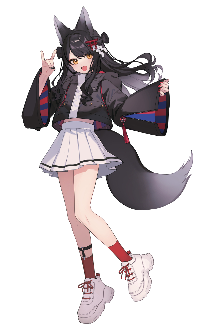 1girl, animal_ears, black_hair, black_jacket, fox_ears, fox_girl, fox_shadow_puppet, fox_tail