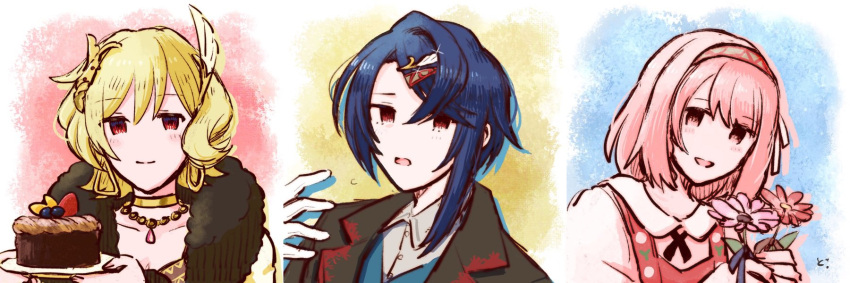 1boy, 2girls, alcryst_(fire_emblem), asymmetrical_hair, blonde_hair, blue_hair, cake, citrinne_(fire_emblem), dolly_deer, earrings, feather_hair_ornament, feathers, fire_emblem, fire_emblem_engage, food, fur_trim, gloves, hair_ornament, hairband, hairclip, highres, holding, hoop_earrings, jewelry, lapis_(fire_emblem), multiple_girls, necklace, open_mouth, pink_eyes, pink_hair, red_eyes, white_gloves