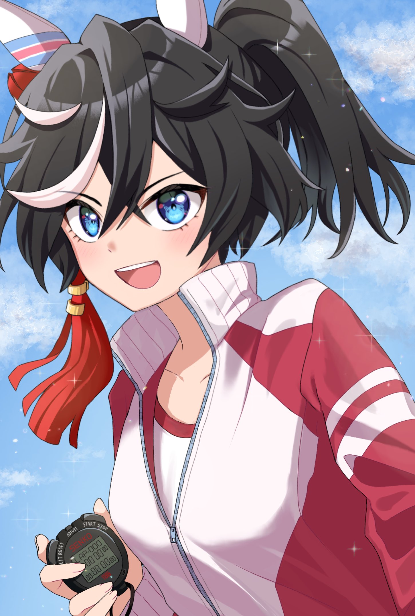 1girl, animal_ears, black_hair, blue_eyes, blue_sky, breasts, commentary_request, ear_covers