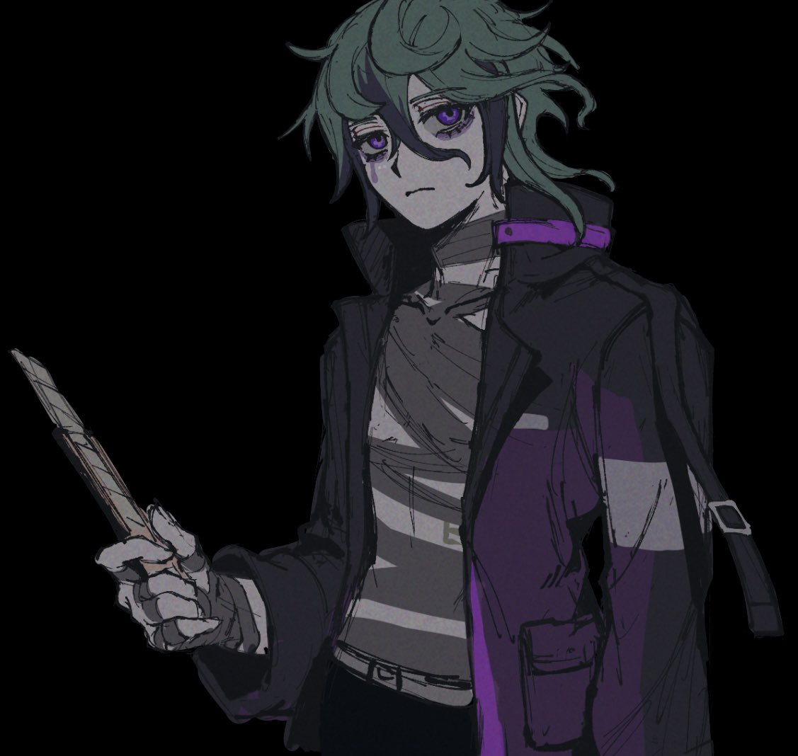 1boy, bandaged_chest, bandaged_neck, bandages, black_background, black_coat, boxcutter, closed_mouth