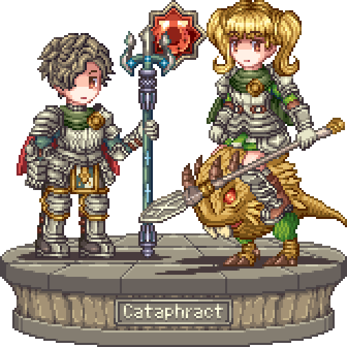 1boy, 1girl, armor, blonde_hair, boots, cataphract_(tree_of_savior), cavalry, cuirassier, faux_figurine, greaves, grey_hair, holding, holding_polearm, holding_weapon, horns, horseback_riding, monster, pixel_art, polearm, red_eyes, riding, simple_background, single_horn, toshi6786, tree_of_savior, trident, velheilder, weapon, white_background