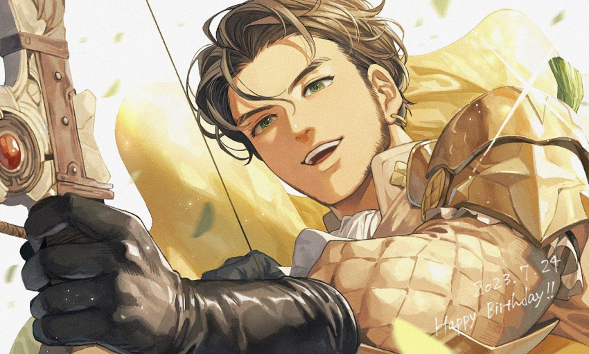 1boy, armor, black_gloves, bow_(weapon), brown_hair, cape, claude_von_riegan, commentary_request