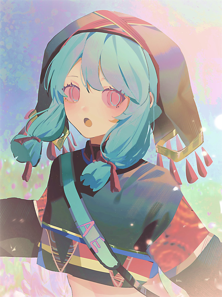 1girl, :o, abstract_background, ace_studio, baicichuanchang, black_sweater, blue_eyes, blue_hair