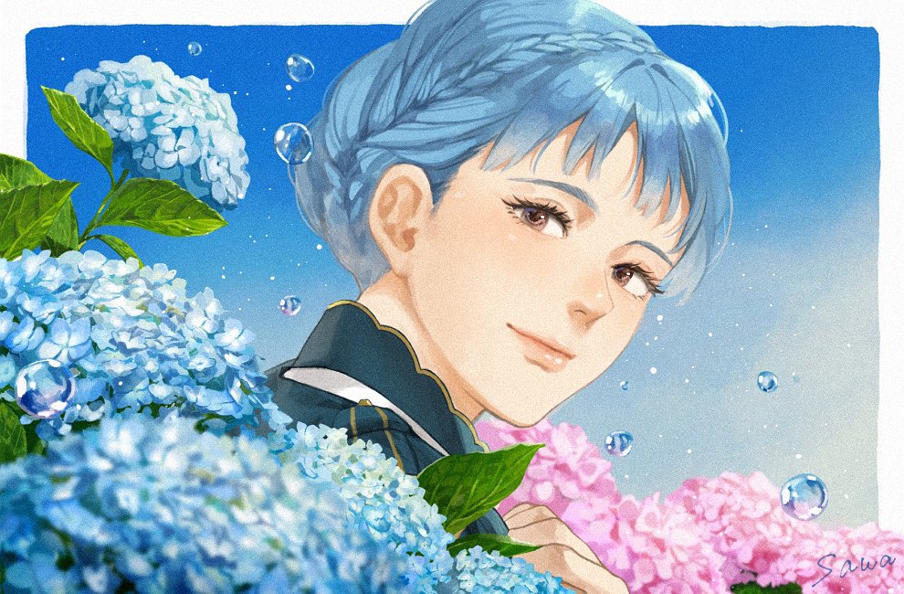 1girl, artist_name, blue_background, blue_flower, blue_hair, blue_sky, border, braid