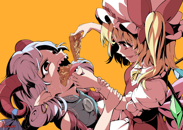 2girls, apple_pie, eating, feeding, fifiruu, flandre_scarlet, food, force-feeding