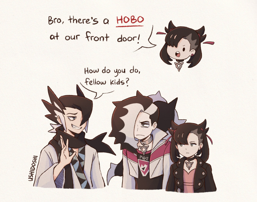 1girl, 2boys, annoyed, black_hair, black_jacket, black_scarf, blue_eyes, eyeshadow