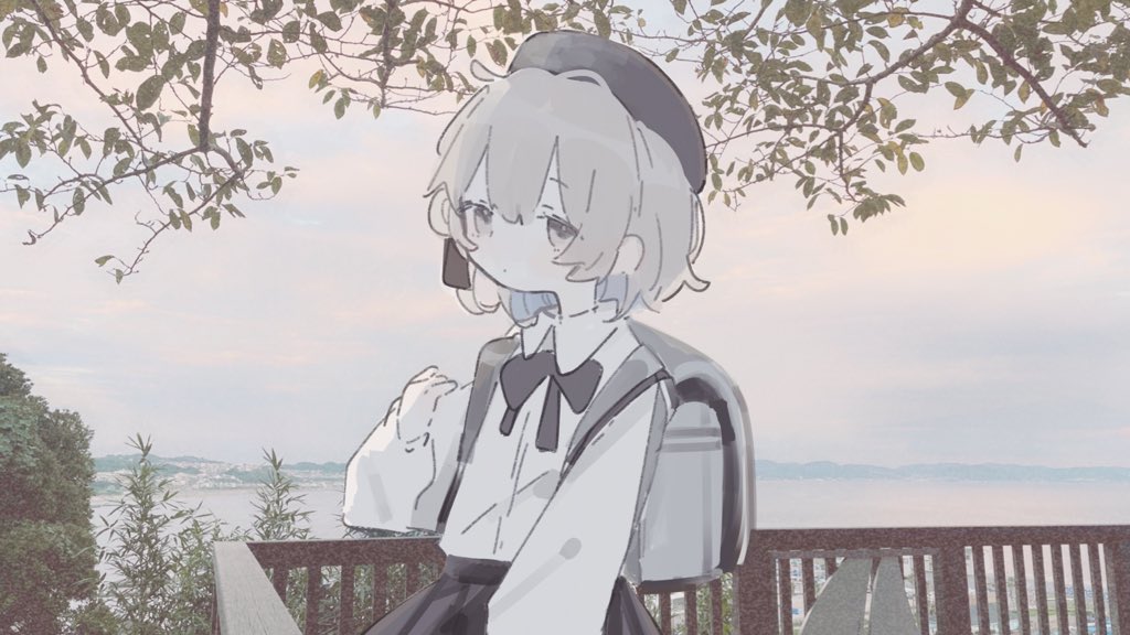 1girl, backpack, bag, beret, black_bow, black_bowtie, black_headwear, black_skirt