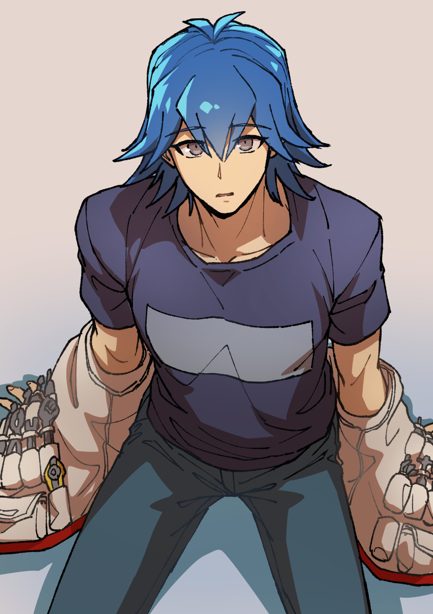 1boy, absurdres, blue_hair, blue_shirt, bruno_(yu-gi-oh!), denim, from_above, gradient_background