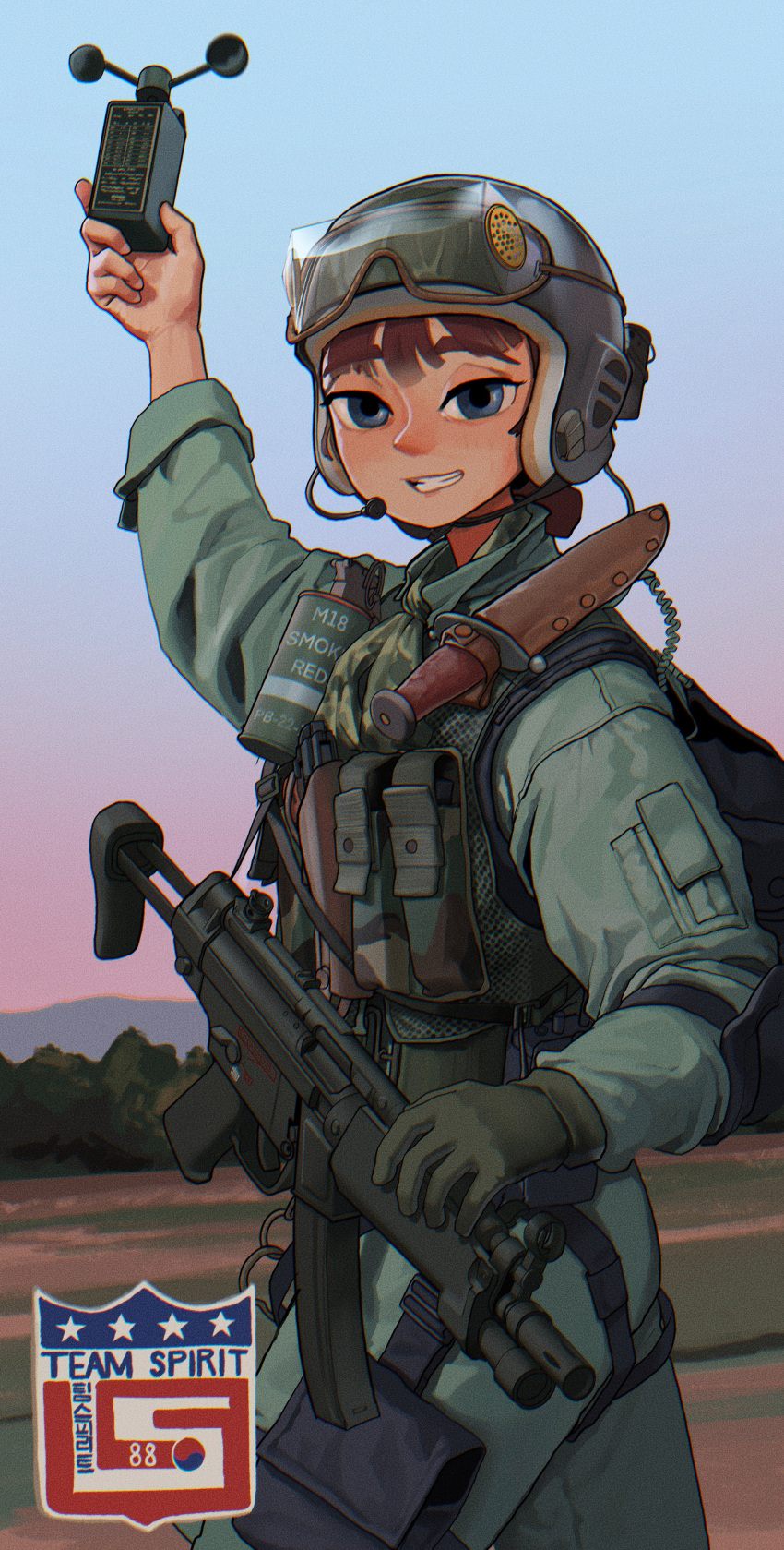 1girl, absurdres, blue_eyes, brown_hair, camouflage, combat_helmet, gloves, green_gloves