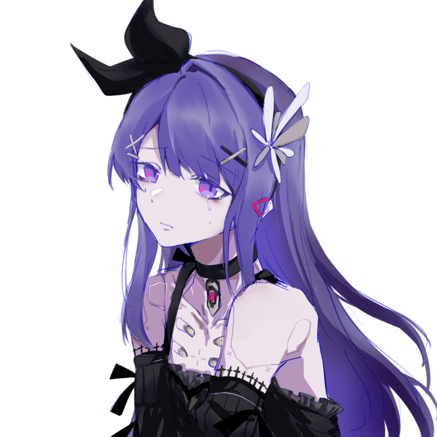 1boy, bare_shoulders, beizhi, black_choker, black_dress, black_hairband, chinese_commentary, choker, commentary, crying, crying_with_eyes_open, detached_sleeves, dress, flower, flower_hairband, hair_flower, hair_ornament, hairband, hairclip, highres, lithos_(punishing:_gray_raven), long_hair, mechanical_parts, otoko_no_ko, parted_lips, punishing:_gray_raven, purple_hair, solo, tears, triangle_hair_ornament, violet_eyes, white_background, x_hair_ornament
