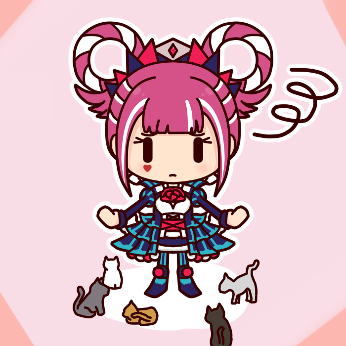 1girl, cat, chibi, fire_emblem, fire_emblem_engage, folded_twintails, hekiga, hime_cut, hortensia_(fire_emblem), looking_at_viewer, multicolored_hair, pink_hair, sidelocks, two-tone_hair