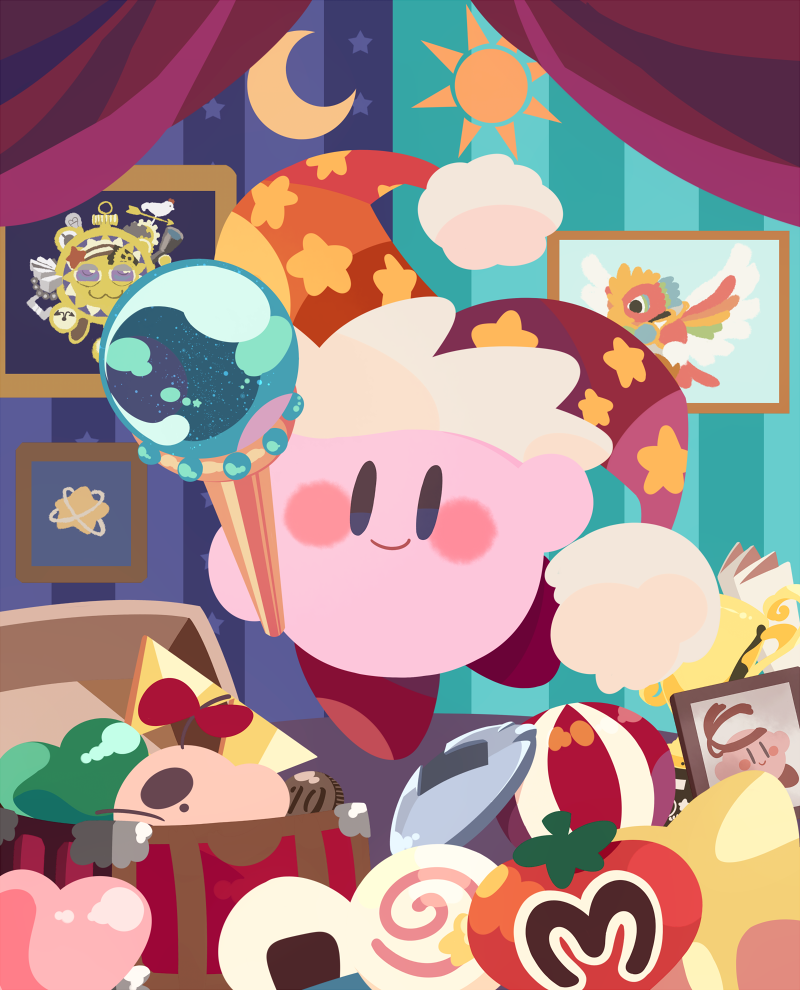 aqua_background, beam_kirby, blue_background, blue_eyes, blush_stickers, closed_mouth, commentary_request, copy_ability