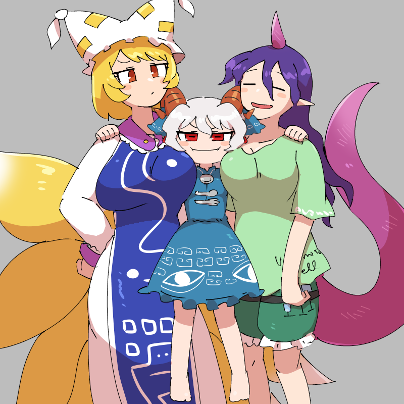 3girls, animal_ears, between_breasts, blonde_hair, blue_tabard, breast_press, breasts, eye_print