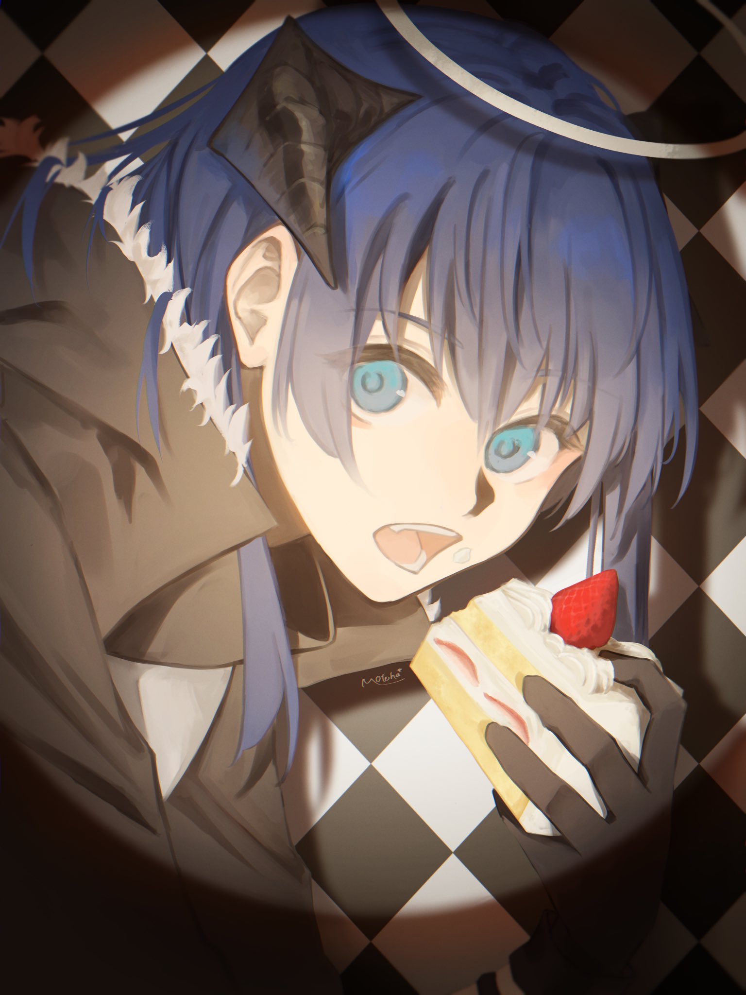 1girl, angel, arknights, artist_name, black_coat, black_gloves, blue_eyes, blue_hair