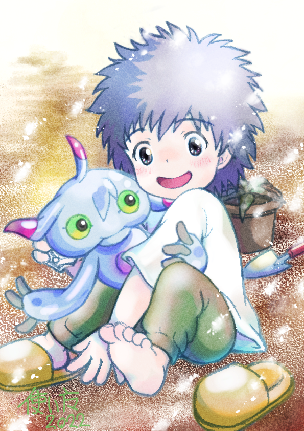 1boy, :d, barefoot, child, dated, digimon, digimon_(creature), digimon_adventure_02