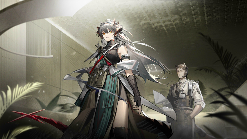 1boy, 1girl, animal_ears, arknights, artist_request, bare_shoulders, belt, brown_hair