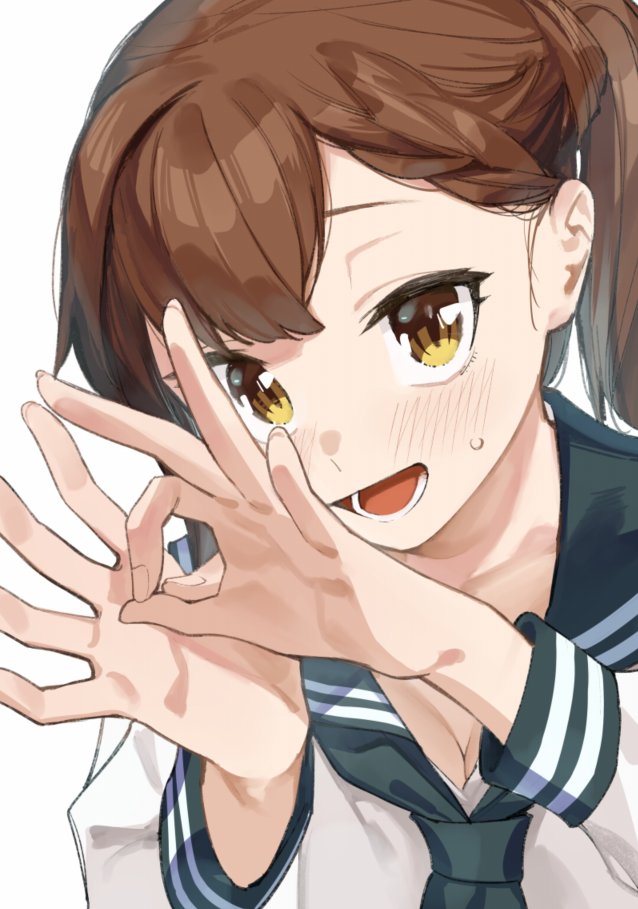 1girl, asymmetrical_hair, black_neckerchief, braided_sidelock, brown_hair, cropped_arms, cropped_torso, hand_gesture, kotobuki_hisako, muchi_maro, neckerchief, open_mouth, parted_bangs, school_uniform, seitokai_nimo_anawa_aru!, shirt, side_ponytail, sweatdrop, white_shirt, yellow_eyes